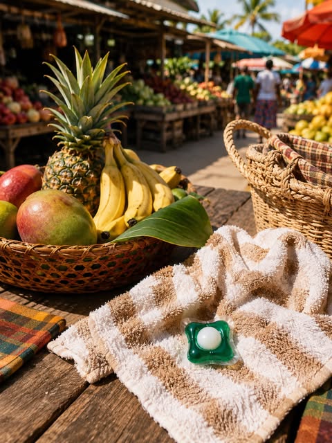 Panier de fruits locaux et dosette Bien Pwóp sur un marché en Guadeloupe