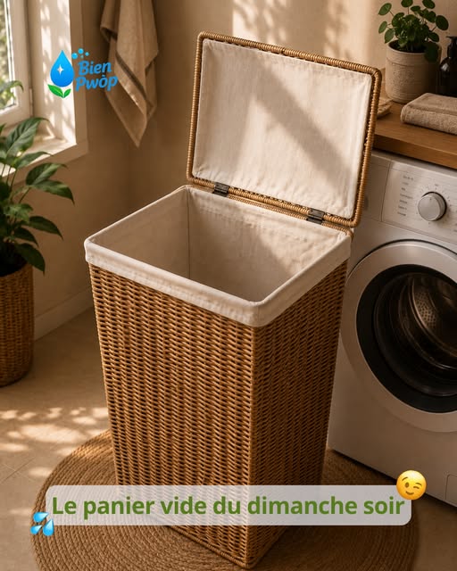 Panier à linge en osier posé à côté du lave-linge