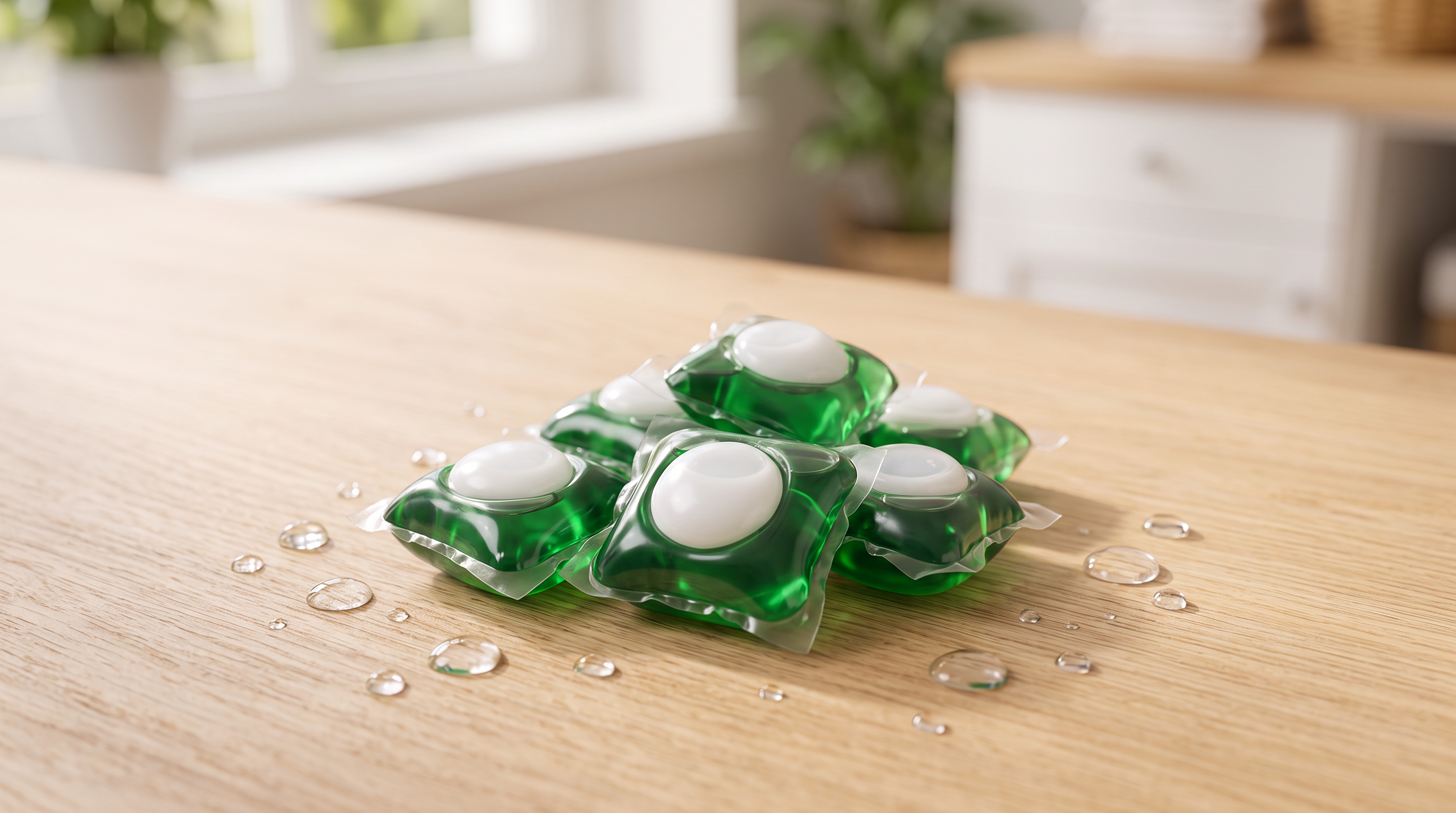 Dosettes Bien Pwóp empilées avec gouttes d'eau