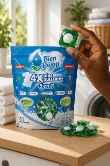 Paquet de 50 dosettes de lessive Bien Pwóp, 4x plus puissant, 5 en 1
